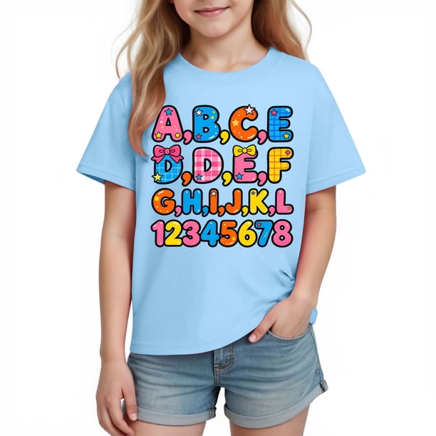 Camiseta Gráfica de la Temporada de la Escuela de las Niñas de los Niños de Manga Corta, Linda Impresión de la Camiseta Casual para los Niños 3-10 Años de Uso Diario