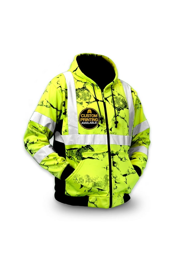 KwikSafety (Charlotte, NC) UNCLE WILLY'S WALL Safety Jacket (LIMITED EDITION Pattern) Class 3 Hi Visibility Water Resistant ANSI OSHA High Vis Reflective Hoodie Winter Gear Men | Yellow Medium