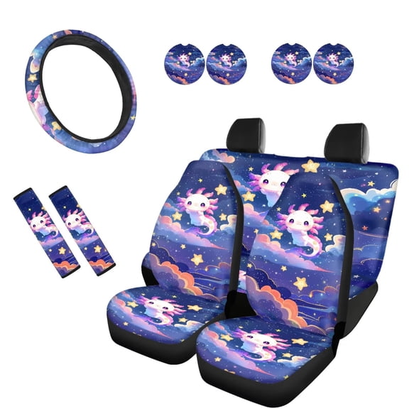 KUIFORTI Starry Sky Salamander Print 11 PCS Car Seat Cover Set Car Seat Cover Steering Wheel Cover Seat Belt Pads Cover Cup Coasters Automotive Interior Accessories for Most Cars