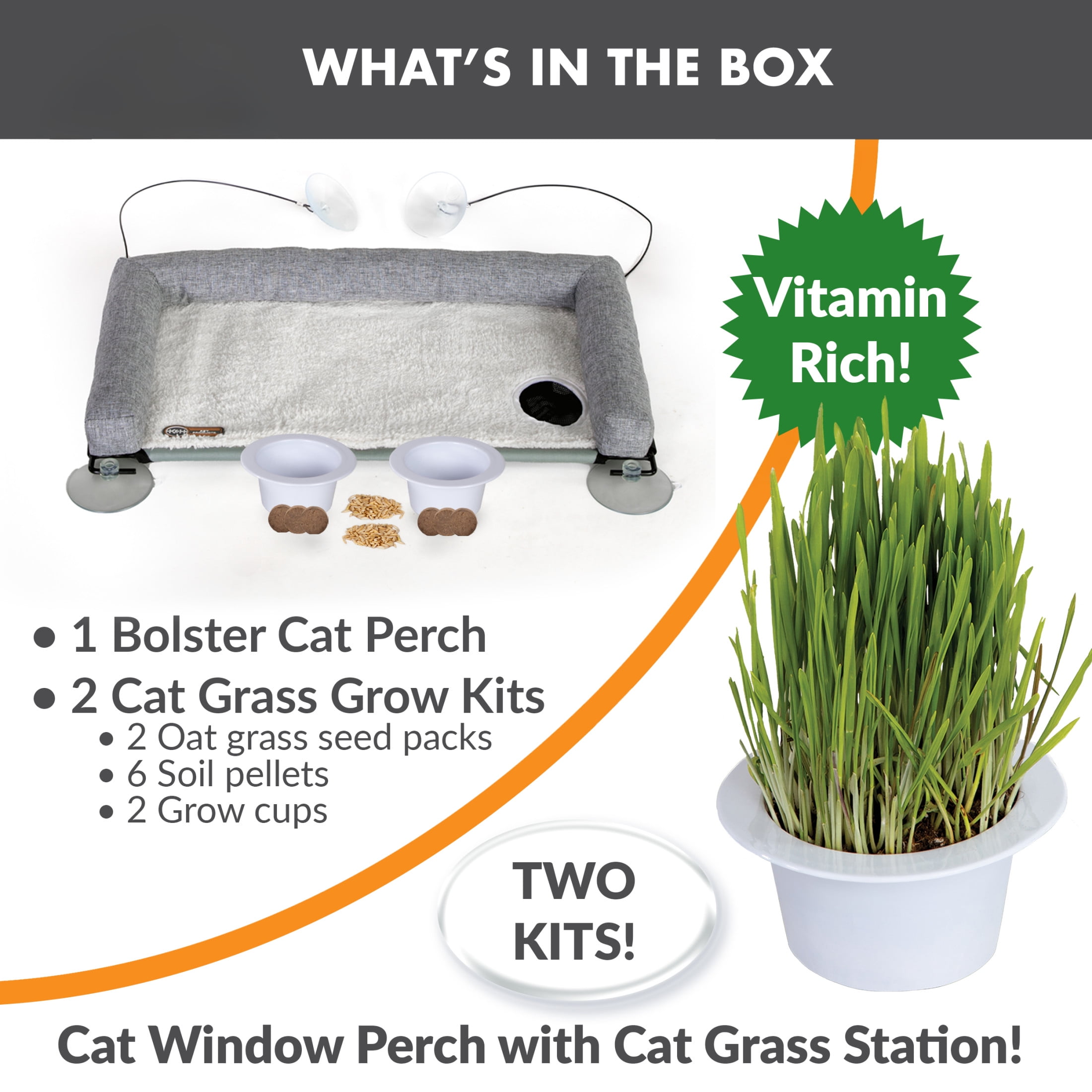 K&H Pet Products EZ Mount Deluxe Bolstered Window Kitty Sill Cat Perch with Cat Grass Grow Station Gray 23 X 12 Inches