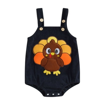 

Douhoow Baby Thanksgiving Turkey Print Romper 0-18M Sleeveless Corduroy Romper Infant Fall Suspender Jumpsuits