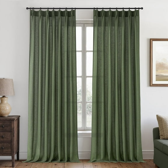 Topfinel Pinch Pleated Linen Curtains 84 Inch Length for Bedroom Living Room,OliveGreen Semi Sheer Window Curtain Boho Back Tab Pinch Pleat Drape with Hooks,Set of 2