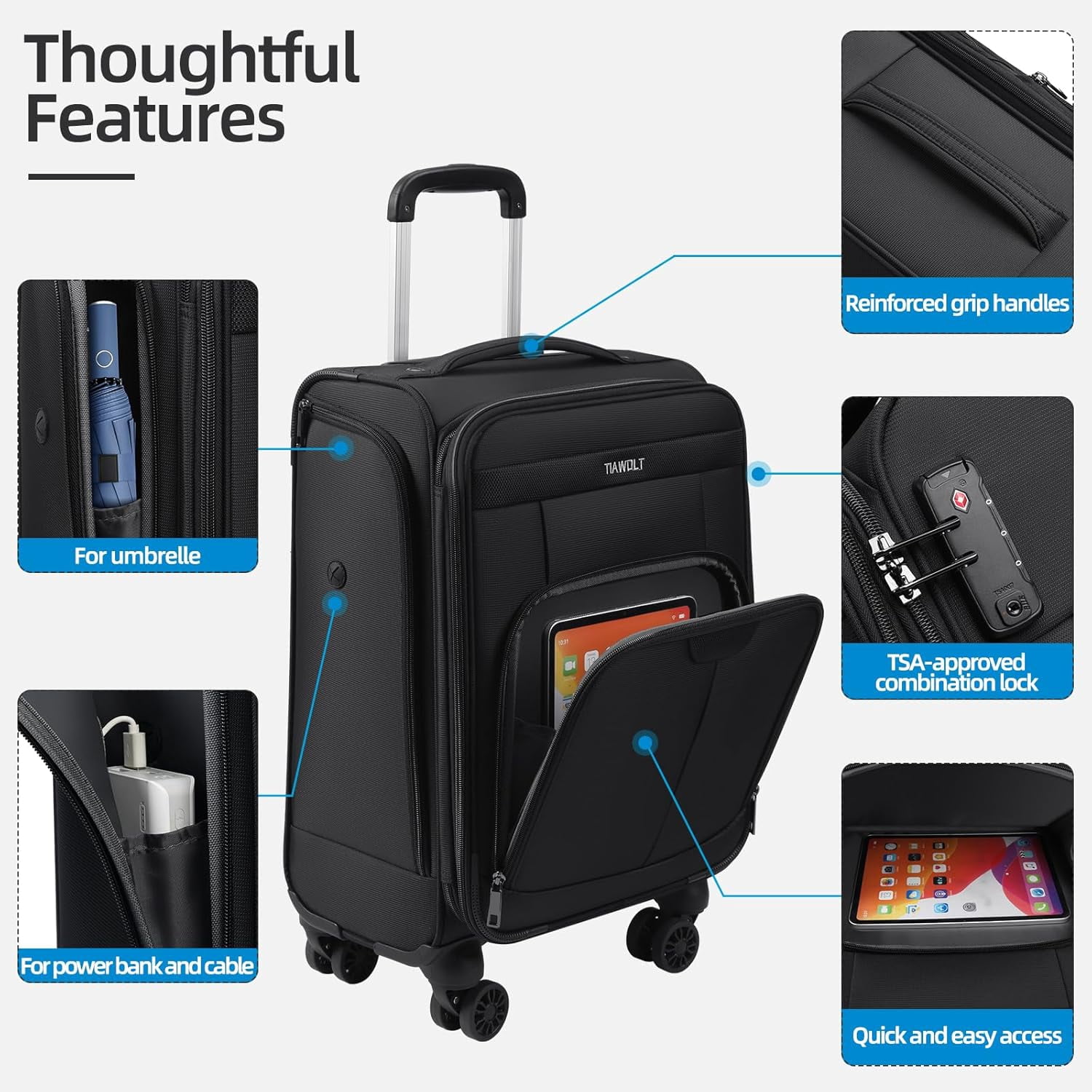 TIAWOLT Carry on Luggage with Spinner Wheels 20-Inch ,Lightweight Expandable Suitcase Softside Rolling Luggage with TSA Lock for Women Men-Black