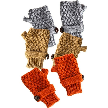 Button Fingerless Gloves - Camel Orange And Light Grey Button Fingerless Knit Gloves Set Of 3