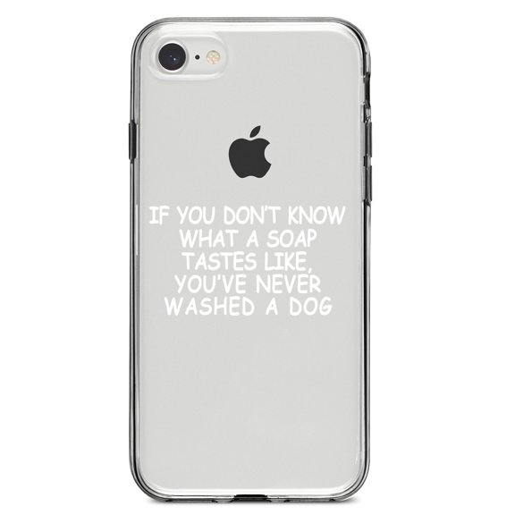 DistinctInk Clear Shockproof Hybrid Case for iPhone 7 8 SE (2020 Model) 4.7" Screen TPU Bumper Acrylic Back Tempered Glass Screen Protector - Don't Know What Soap Tastes Like, Washed Dog
