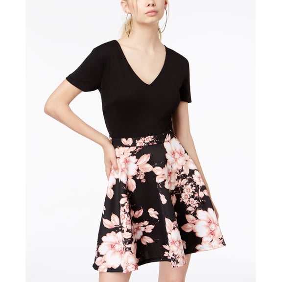 City Studios Juniors Solid Floral Print Dress Black/Mauve 9