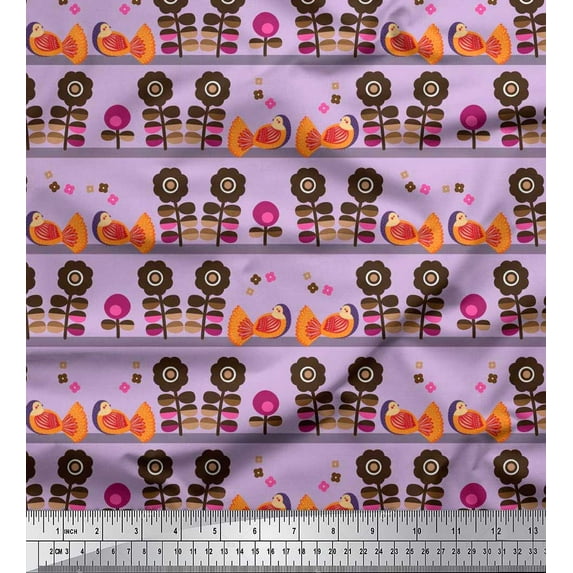 Soimoi Polyester Crepe Fabric Stripe,Bird & Floral Clip Art Print Fabric by The Yard 52 Inch Wide