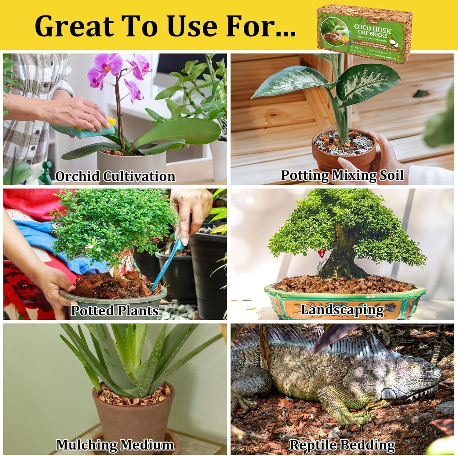 6 Pack Coco Chips Substrate for Plants- 6.6lb 100% Organic Coconut Husk Brick with Low EC and pH Balanced, High Expansion Coconut Substrate Coco Husk Mulch for Garden Flowers, Herbs, Planting