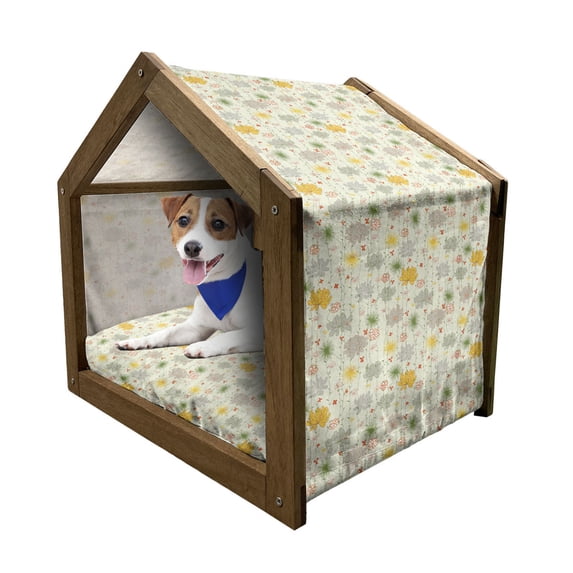 Retro Pet House, Vintage Inspired Nature Depiction with Doodle Style Blooming Flower and Leaf Motifs, Outdoor & Indoor Portable Dog Kennel with Pillow and Cover, 5 Sizes, Multicolor, by Ambesonne