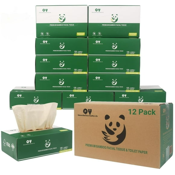 Pañuelos faciales QingYa de bambú sin blanquear, 12 cajas, 134 hojas