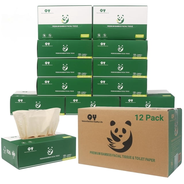 Pañuelos faciales QingYa de bambú sin blanquear, 12 cajas, 134 hojas