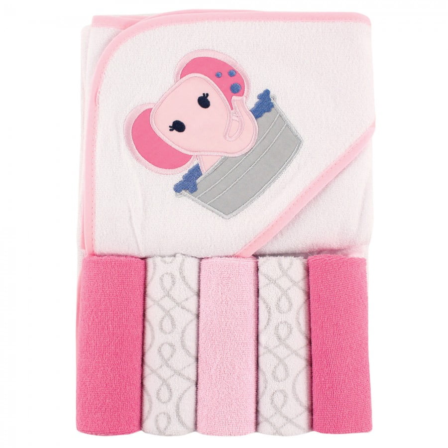 6 Piece Bath Set Baby Infant Hooded Towel Washcloth Pink Owl Girl New 
