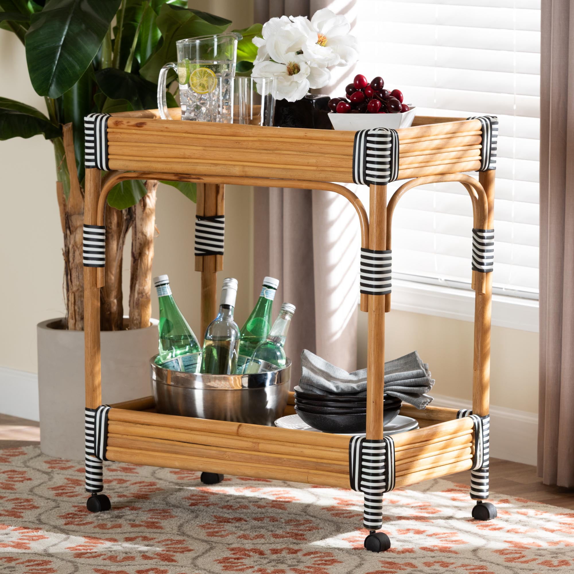 bali & pari Carmine Boho Kitchen Cart, 2-Tier, Natural Rattan
