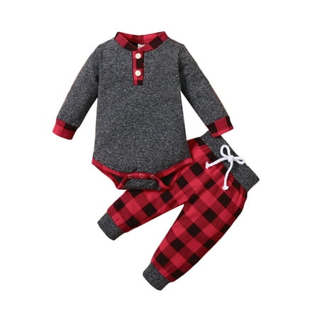 

Izhansean Newborn Baby Boy Girl Christmas Clothes Button Long Sleeve Tops Romper Plaid Pants 2PCS Winter Set Red 12-18 Months