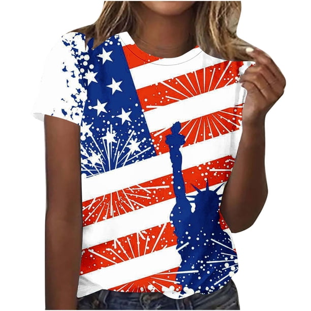 Tops Cortos para las Mujeres Casual Y de Moda Día de la Independencia Impreso Cuello Redondo Manga Corta, Camisetas Casuales para Mujer