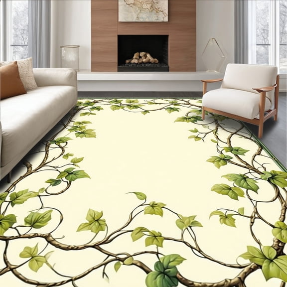 ODIKA 4'x6' Machine Washable Non-Slip Area Rug, Elegant Ivy Scrollwork Verdant Vine Art High Traffic Rug, Green, 224072
