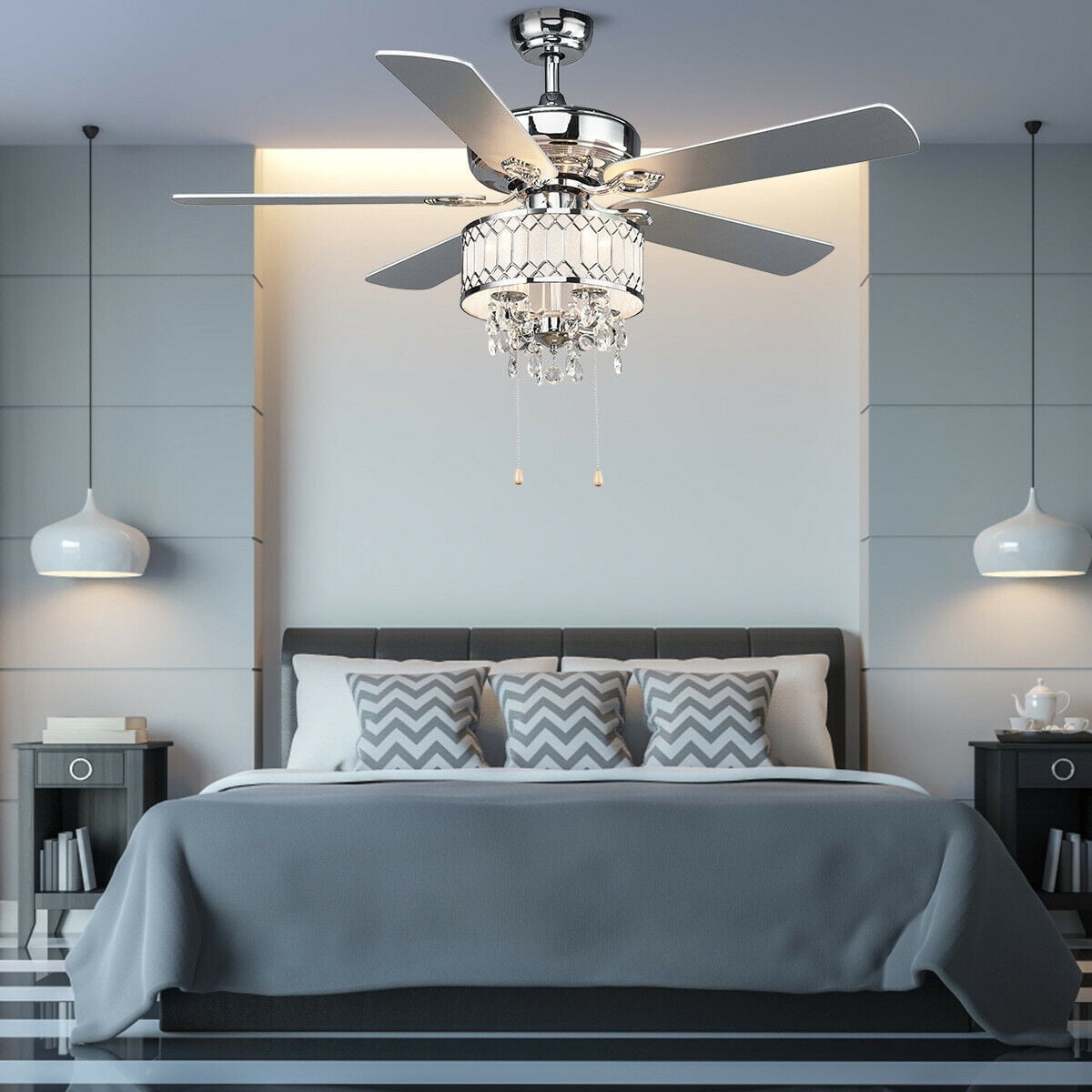 Costway 52 in Classical Crystal Ceiling Fan Lamp w/ 5 Reversible Blades Pull Chain Home Silver