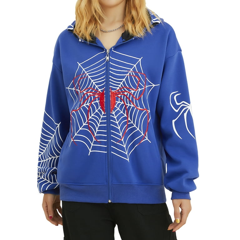 Women Hoodie Sweatshirt Casual Spider Web Print Long Sleeve Zip Up