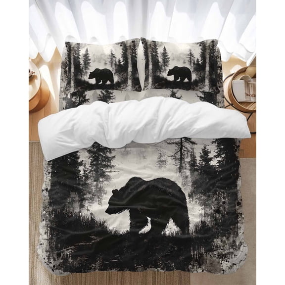 Brown Bear Bedding Duvet Cover Set Twin Size 4 Pieces Black Bear Forest Animal Modern Art Retro Bedding Set with Zipper Closure, 1 Comforter Cover 68x86 Inches 1 Flat Sheet & 2 Pillow Cases