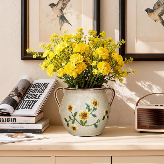 EFISPSS 6 Inch Vintage Ceramic Hanging Planter with Hand-Painted Yellow Flowers & Crackle Glaze - Indoor Home Decor for Plants