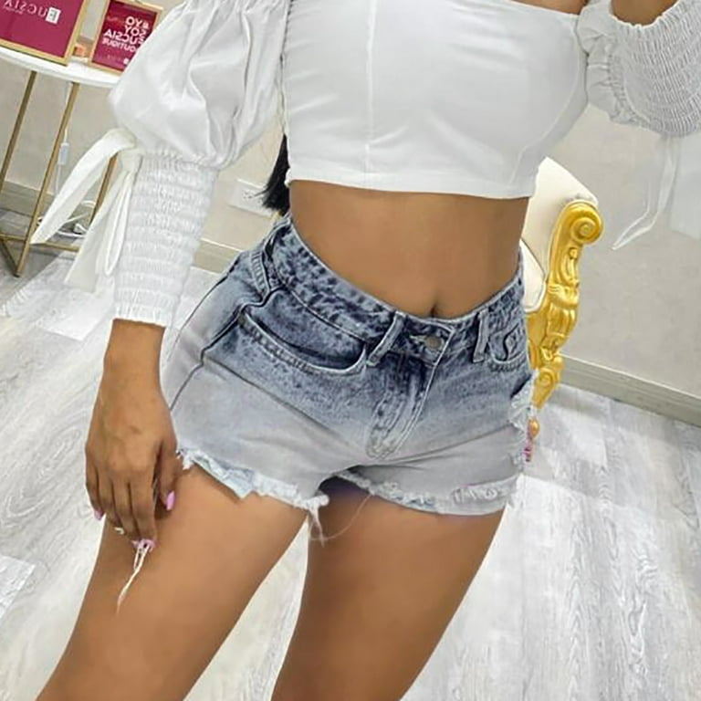 Women Summer Jean Shorts with Pockets Frayed Ripped Holes High Waisted Cute  Sexy Hot Mini Denim Shorts Thigh High 