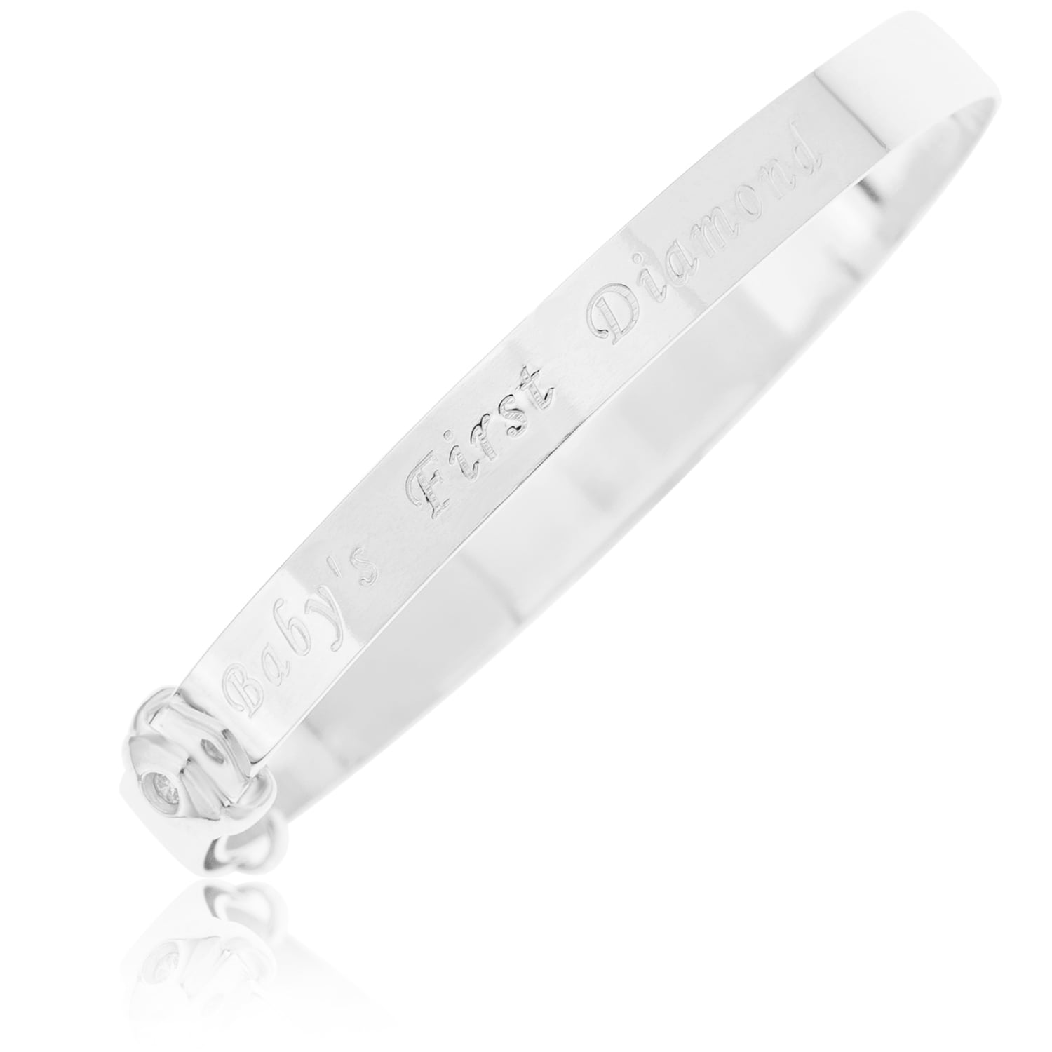 'Baby's First Diamond' Silver 925 Bangle Bracelet Cuff Jewelry Gift, for Baby Showers, Baptism 0-4 Y