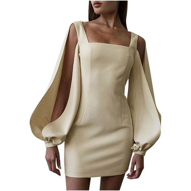 Moda mujer Sexy Casual sólido vestido largo Lentern manga Mini