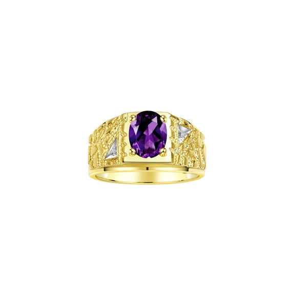 RYLOS Men's Rings 14K Yellow Gold Designer Nugget Ring Oval 9X7MM Gemstone & Diamonds  Amethyst February Birthstone Rings For Man Size 8