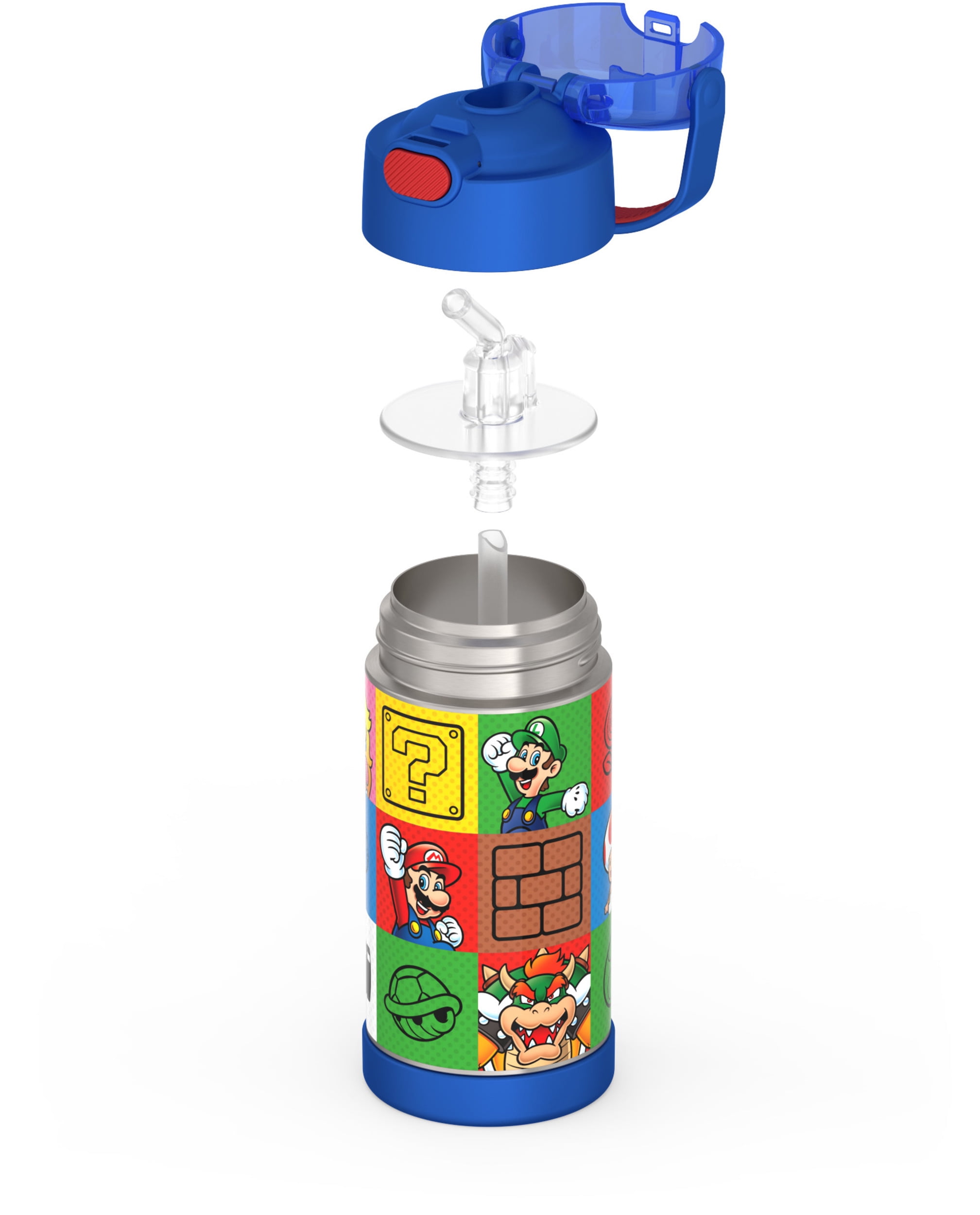 Thermos Kids Bouteille d'eau isolée sous vide avec paille rabattable, 355 ml, Super Mario