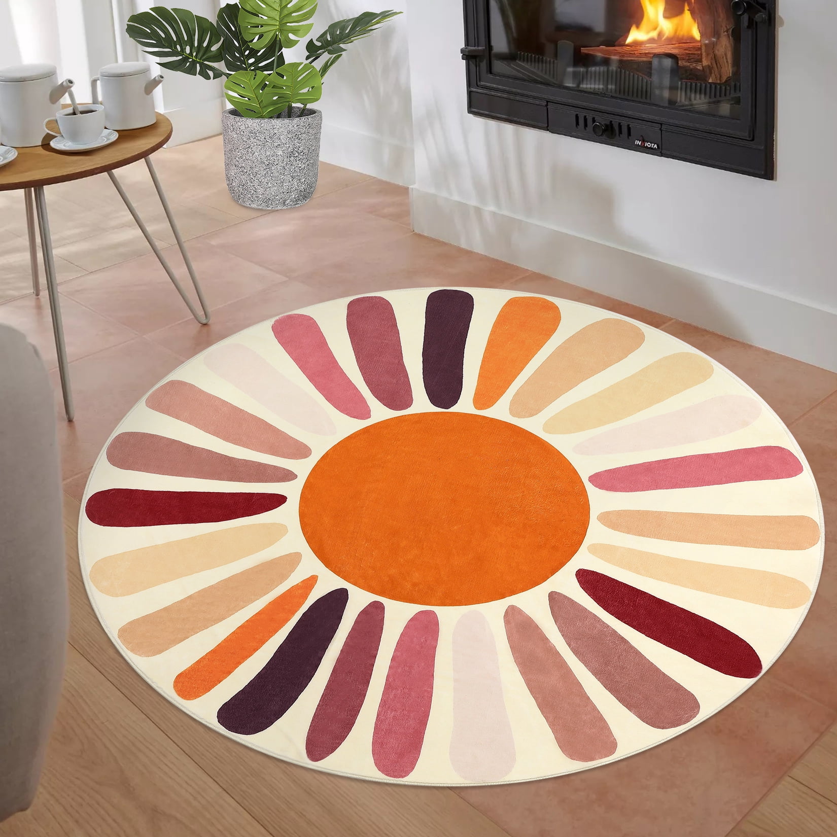 Hasoo 3' x 3' Round Rug Colorful Washable Circle Area Rug Sun Print Modern Non-Slip Non-Shedding Floor Cover for Home Decor, Brown