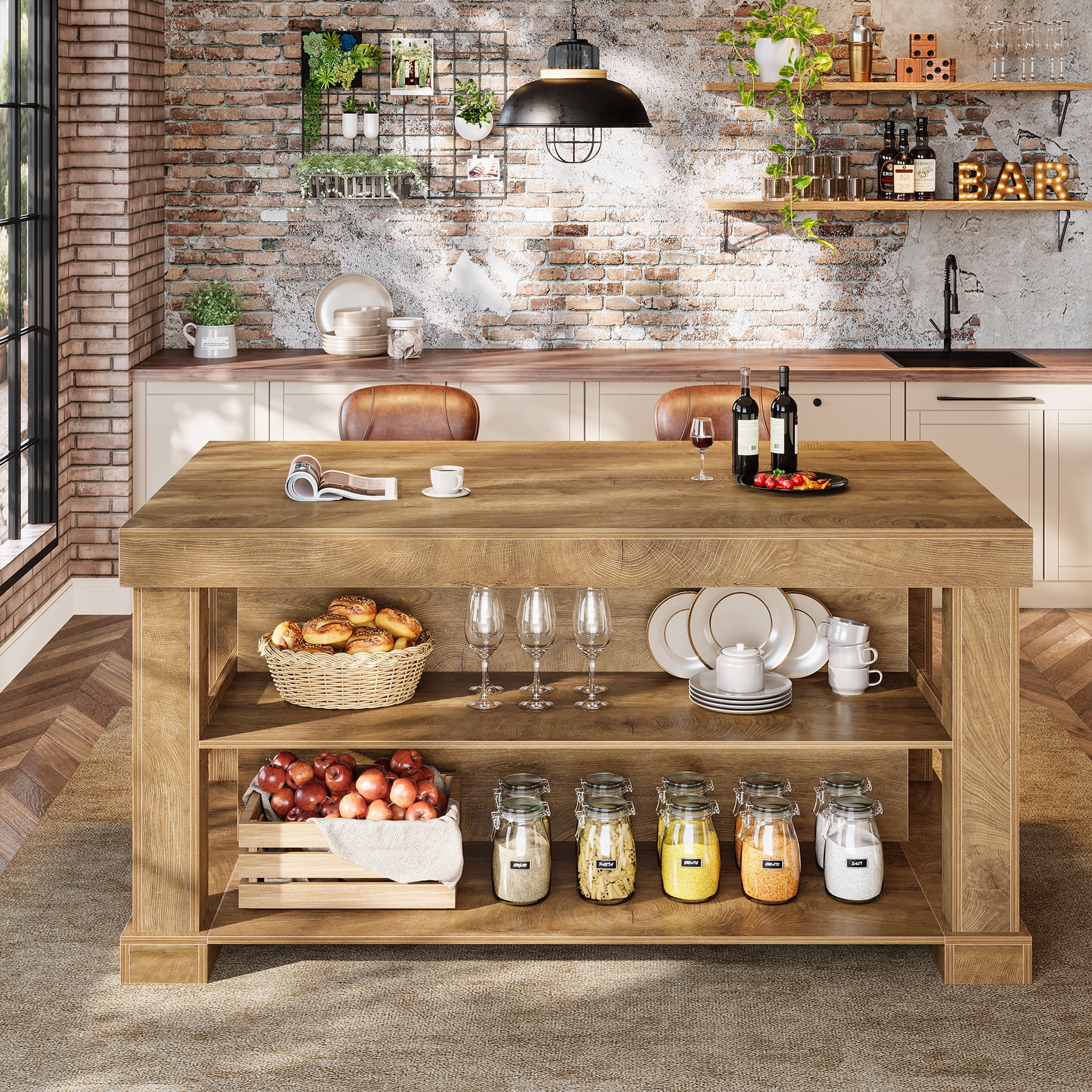 Finmind 55-inch Kitchen Island with 3 Storage Shelves, Large Farmhouse Kitchen Shelf with Spacious Worktop, Natural Brown (Easy to Assemble)
