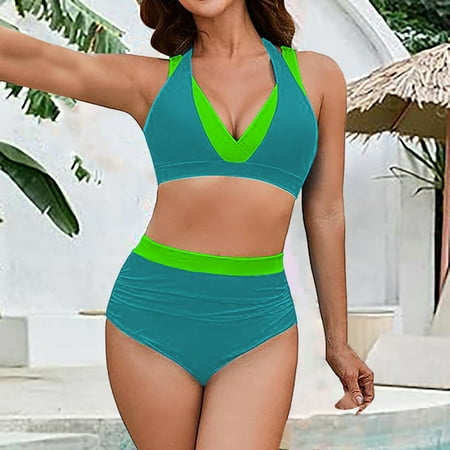 Ovticza Womens High Waisted Thong Bikini Sets Sexy Brazilian Triangle Top Halter V Neck Two Piece Swimsuit Color Block Bathing Suits Dark Green L