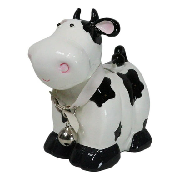 Whimsical Holstein Bovine Cow with Collar Bell Money Coin Savings Piggy Bank