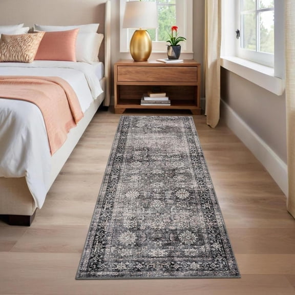 Runner Rugs 2x6 Vintage Printed Hallway with Non-Slip Backing, Stain-Resistant Oriental Washable Farmhouse Low Pile Rugs for Kitchen, Laundry, Green Camel