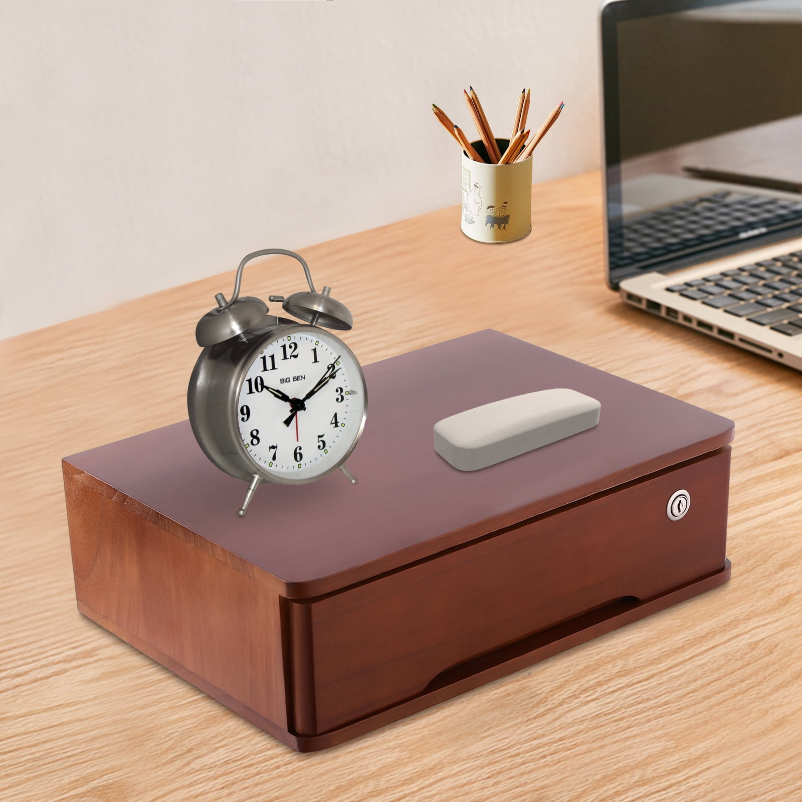 Miumaeov Wooden Desktop Storage Box with Lockable Drawers Office Supplies Drawer Organizer Receipt File Organizer Flat File Cabinet