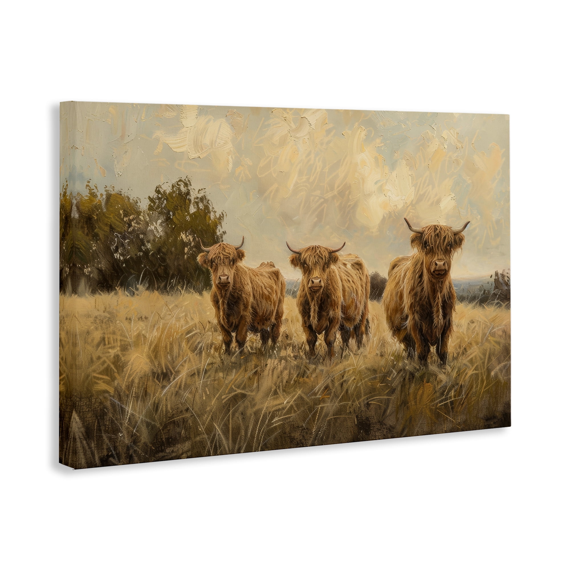 Stupell Industries Three's A Party Cattle Animals & Insects Painting Gallery Wrapped Canvas Art Print Wall Art, 24 x 16