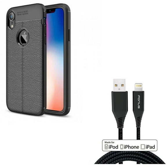 6ft MFi USB Cable w Case for iPhone XR - Certified Charger Cord Power Wire Braided, PU Leather Slim Fit Cover Reinforced Bumper Shock Absorbent Compatible With iPhone XR