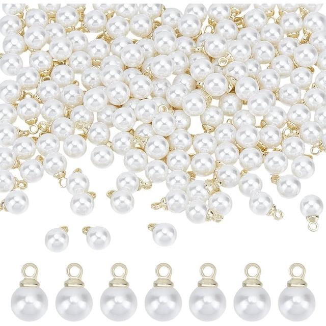 150 cuentas de perlas redondas a granel con aro dorado, perlas de plástico blancas, colgantes para collares, pulseras, pendientes y bisutería.