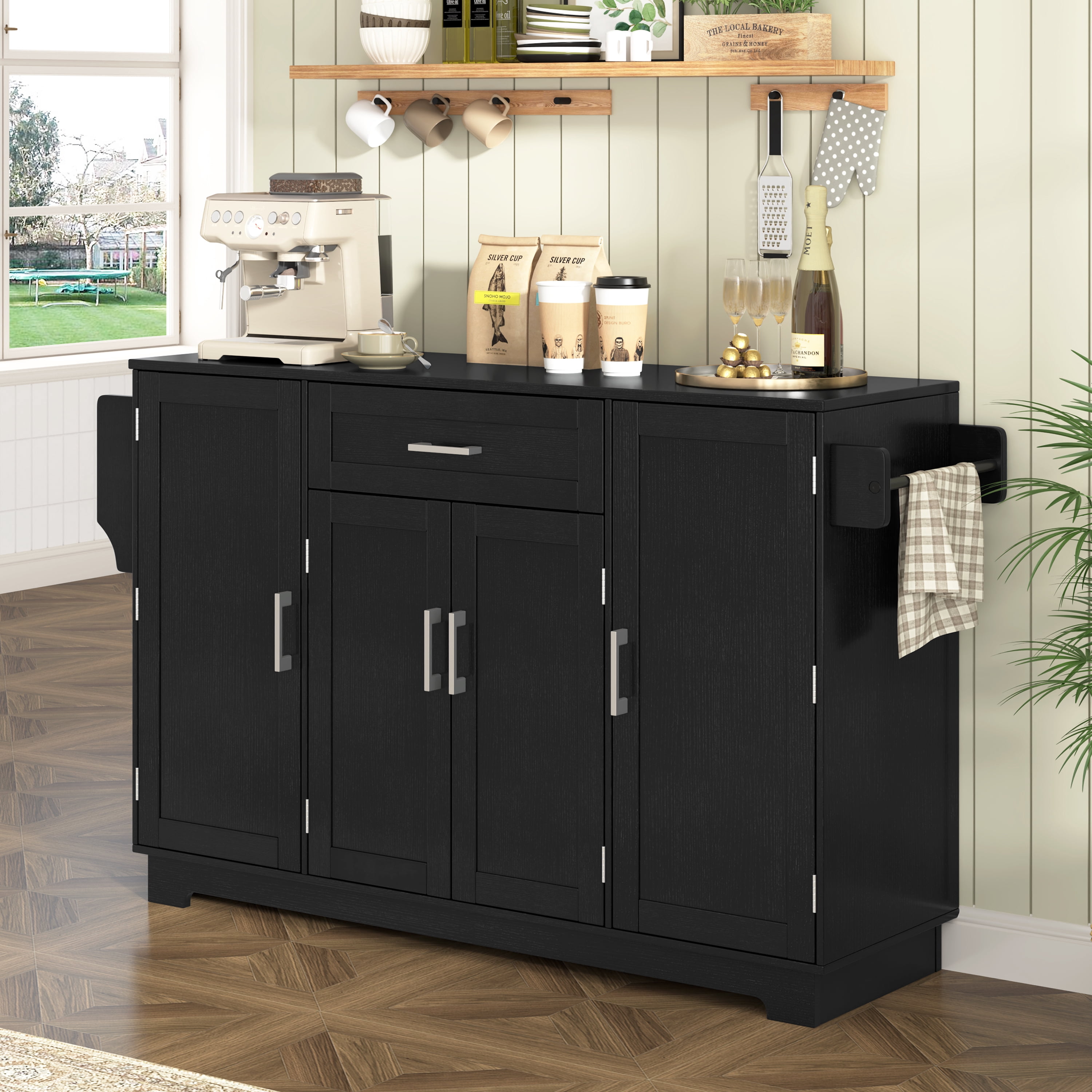 Mintazer 54" Modern Farmhouse Sideboard Buffet Cabinet with 4 Doors & Drawer and Adjustable Shelves, Freestanding Kitchen Storage Cabinet with Side Racks & Hanging Rod, Black