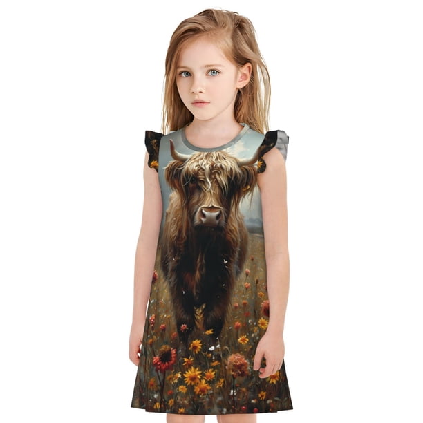 Fotbe Grassland Sunflower Cow Vestido de Dormir para Niñas de 3 a 10 Años, Mangas Cortas, Estilo Princesa, Pijama Camisón con Mangas Voladas-X-Large