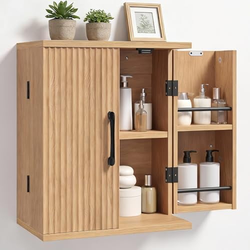 Fluted Bathroom Wall Cabinet, Farmhouse Medicine Cabinet with 2 Doors, Storage Organizer Over The Toilet, Kitchen Cabinets Wall Mounted, for Bathroom, Kitchen, Laundry Room, Natural
