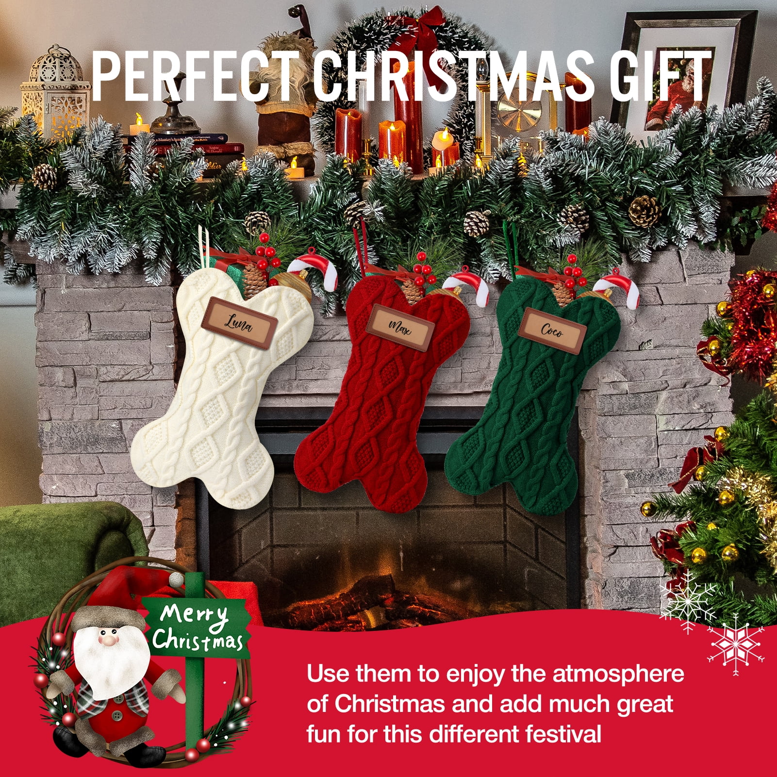 Ayieyill 3pcs 18 Inch Dog Christmas Stocking, Knit White Christmas Stocking for Dogs, Diamond Shape Dog Stocking Christmas Large Pet Stockings Hanging Dog Christmas Stocking