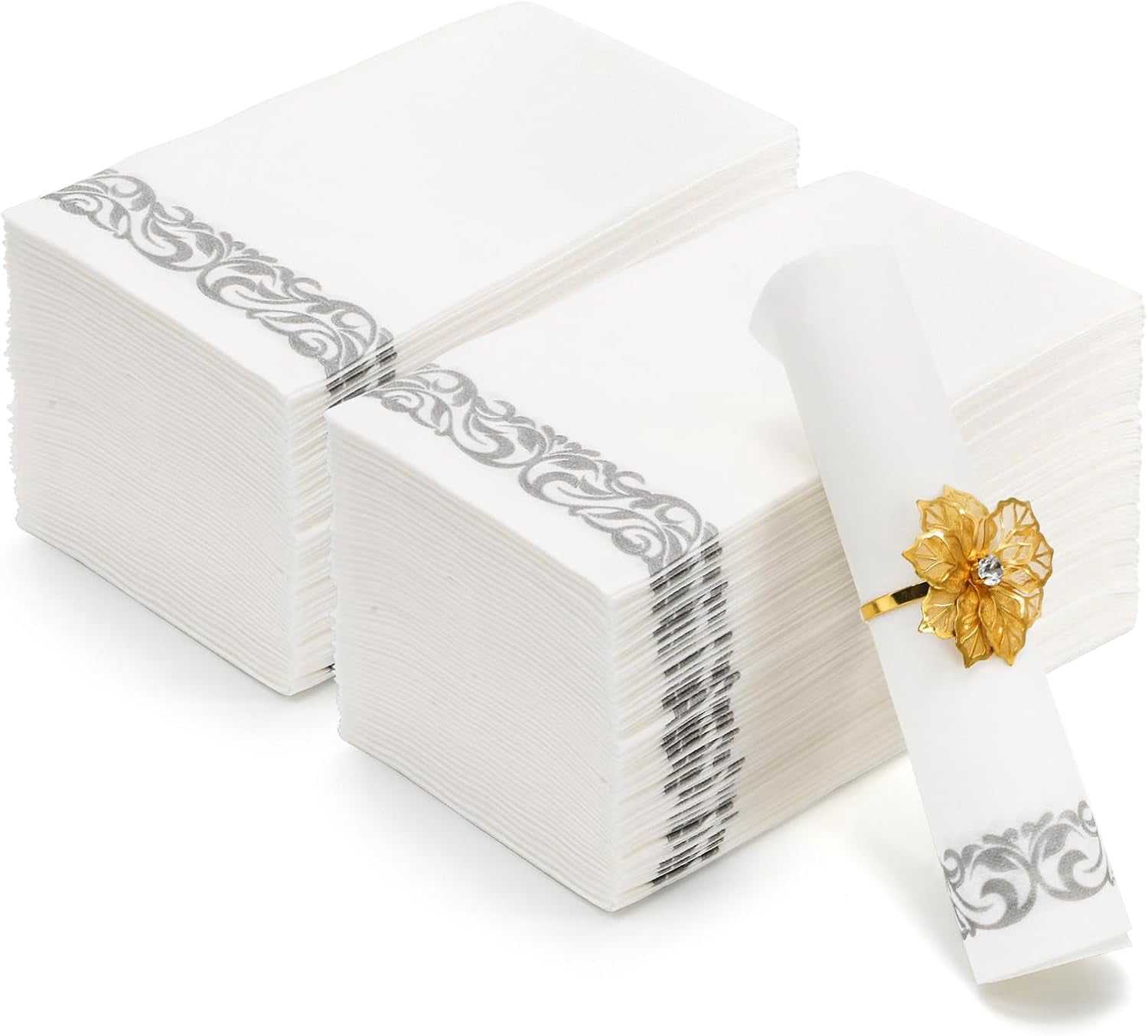 100-Pack Soft Texture Paper Hand Towels Disposable Decorative Paper Hand Napkins - Silver Floral Paper Guest Towels