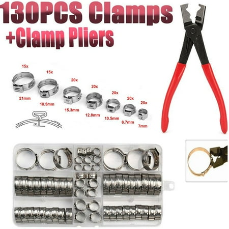 

130PCS Single Ear Stepless Hose Clamp Stainless Steel+Pincer Crimper Tool Kits