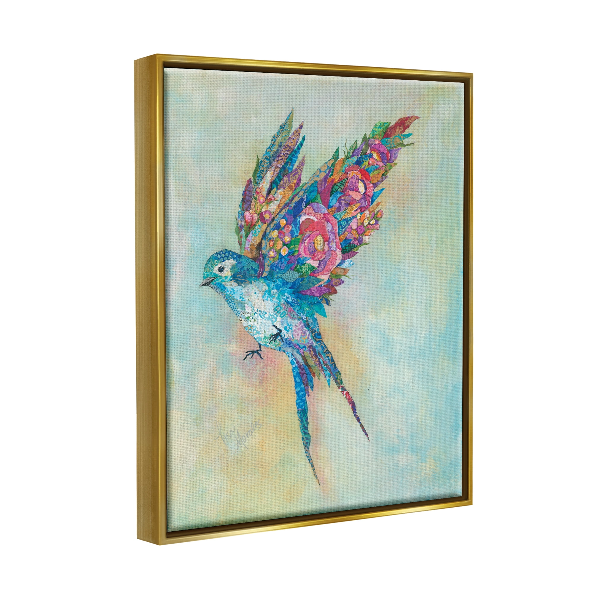 Stupell Industries Botanical Swallow Floral Blossom Wings Bird Painting Painting Metallic Gold Floating Framed Canvas Print Wall Art, Design by Lisa Morales