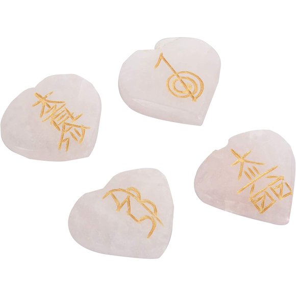 Ensemble de 4 pierres de Reiki en forme de cœur avec quartz rose Spiritual Elementz avec pochette.