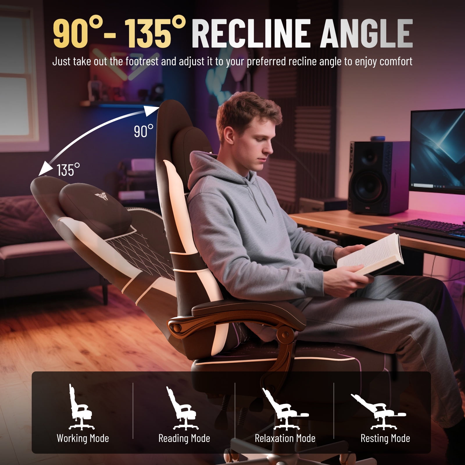 SOONTRANS Gaming Chair with Footrest, PU Leather High Back Comfortable Video Game Chair with Massage Lumbar Cushion, Racing Office Computer Desk Chair, Ergonomic Gamer Chair for Adults, Beige