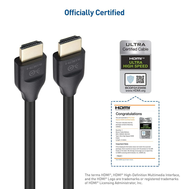Cable Matters Certified 48Gbps Ultra High Speed 8K HDMI Cable 6.6 ft / 2m  with 8K @120Hz, 4K @240Hz and HDR Support for PS5, Xbox Series X/S, RTX3080  / 3090, RX 6800/6900