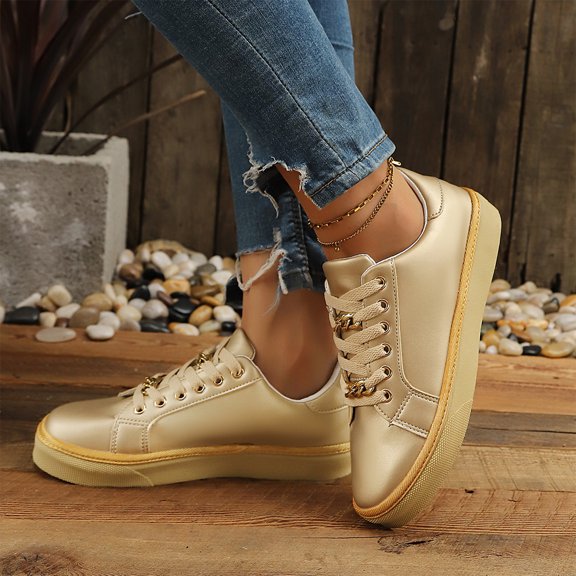Willtoo Womens Faux Leather Platform Lace Up Sneaker Low Top Chain Accent Fashion Footwear Smooth Solid Color Chunky Sole Daily Footwear
