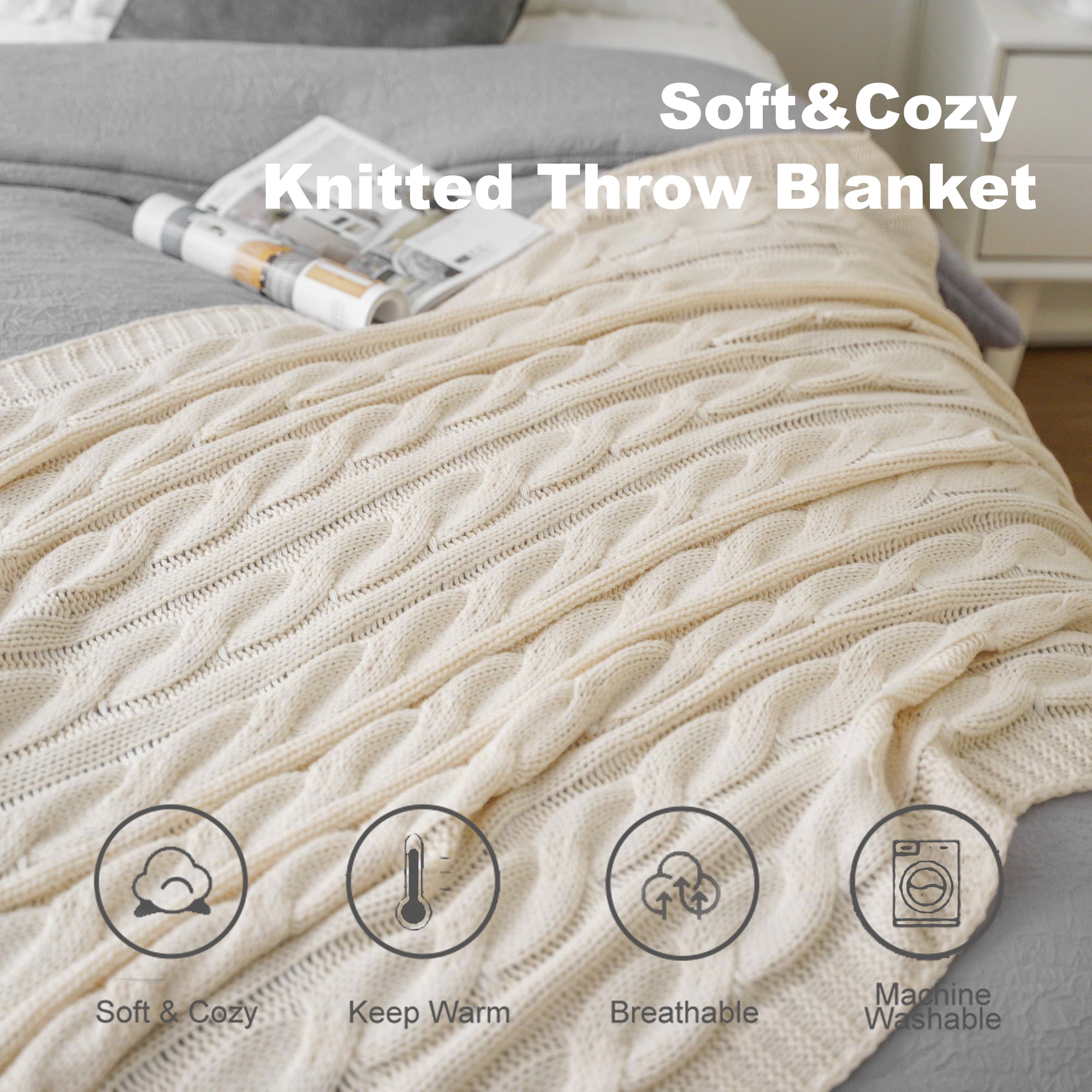 Cream Cable Knit Blankets, White Herringbone Decorative Knitted Throw,Housewarming Gifts,50"x60"